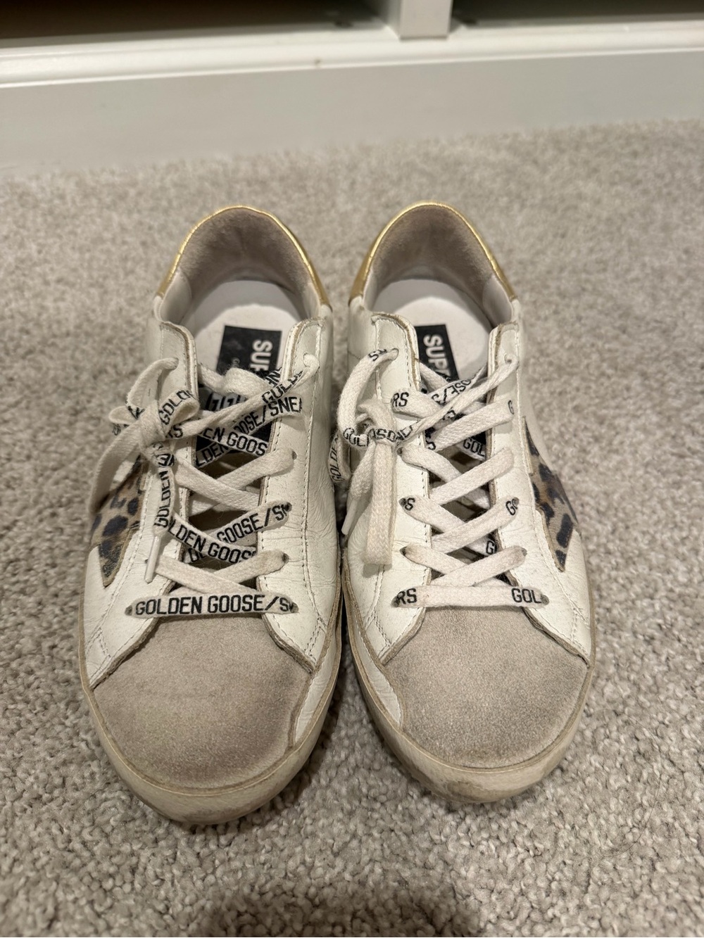 Golden Goose White Sneakers with Beige Toes and Leopard Star